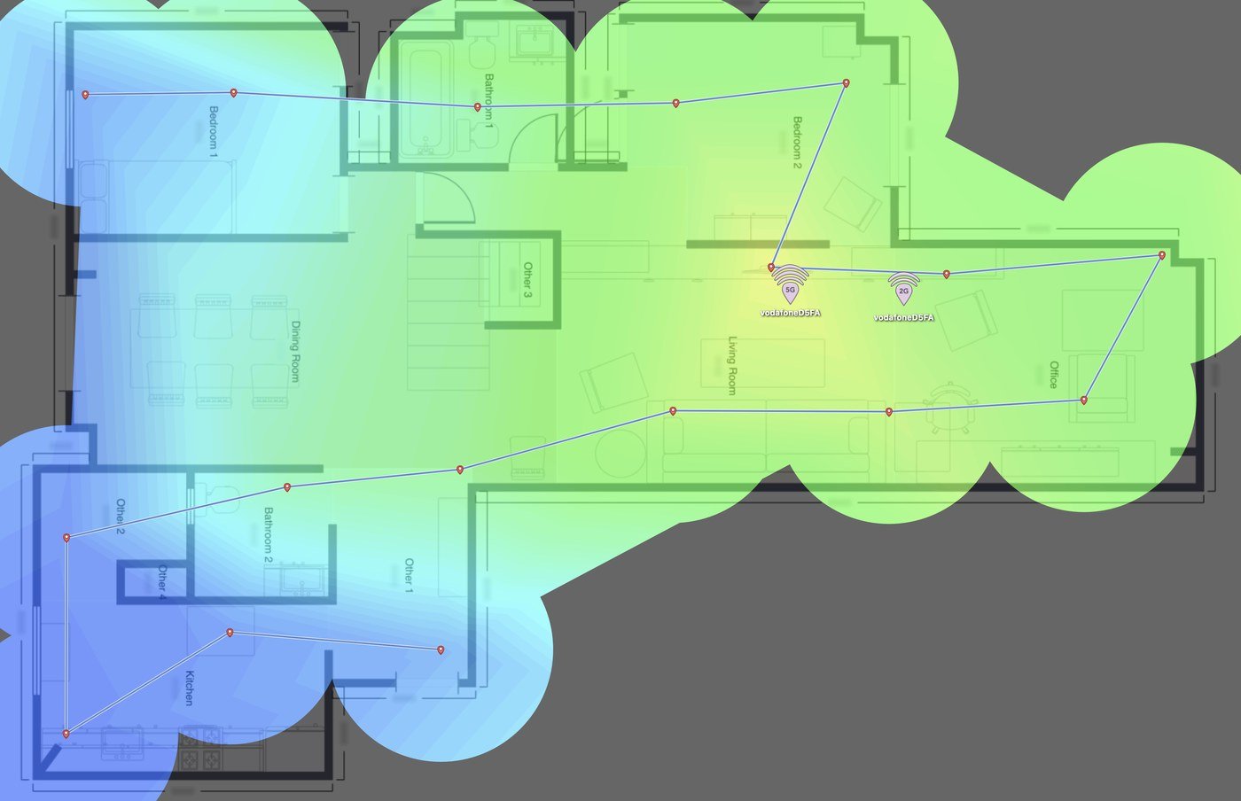 Mapa de calor de cobertura wifi sobre el plano real de una vivienda